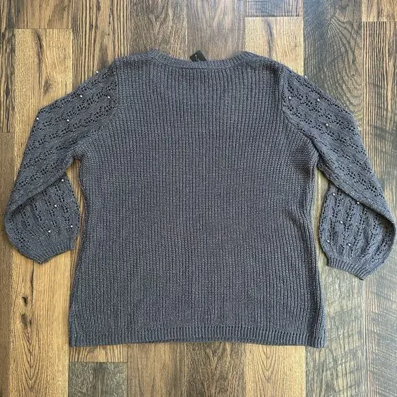 Lane Bryant Plus Size 22/24 Gray Metallic Knit Sweater Beaded Sleeve NWT - Picture 2 of 9